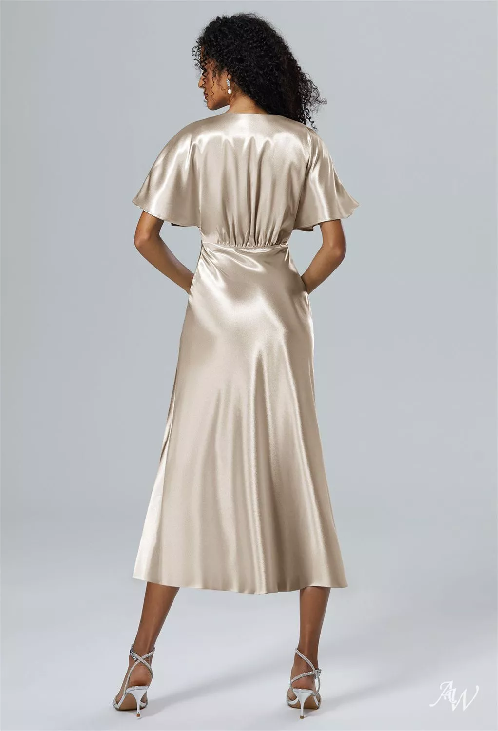 AW.Bridal A-line V-Neck Tea Length Short Sleeves Crystal Satin Ruching Split Short Bridesmaid Dresses Champagne Size 18