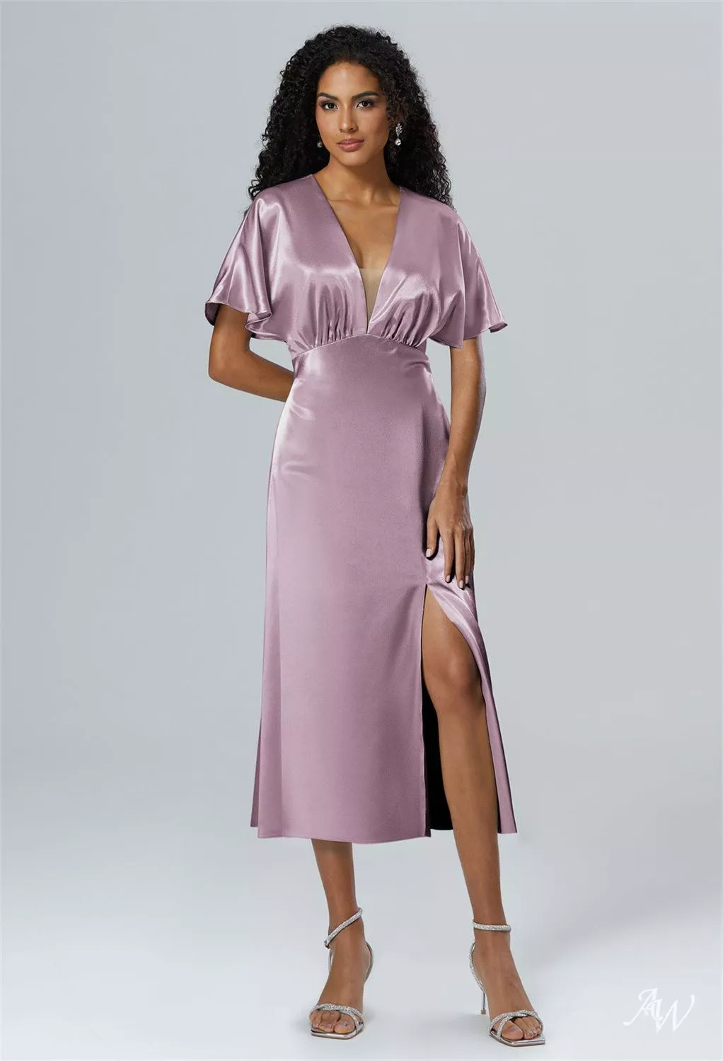 AW.Bridal A-line V-Neck Tea Length Short Sleeves Crystal Satin Ruching Split Wedding Guest Dresses Dusty Rose Size 8
