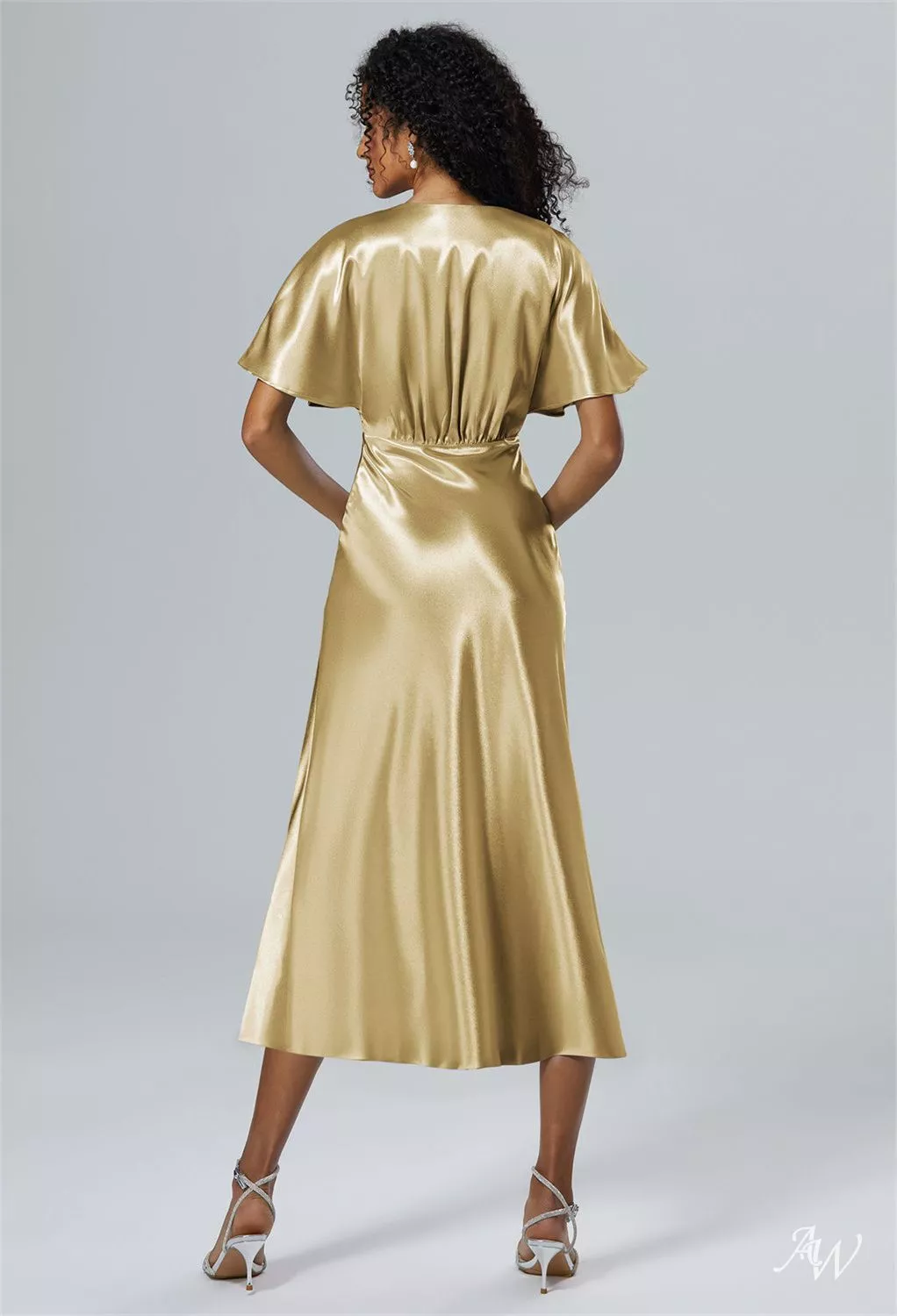 AW.Bridal A-line V-Neck Tea Length Short Sleeves Ruching Split Short Bridesmaid Dresses Dress Light Gold Size 8