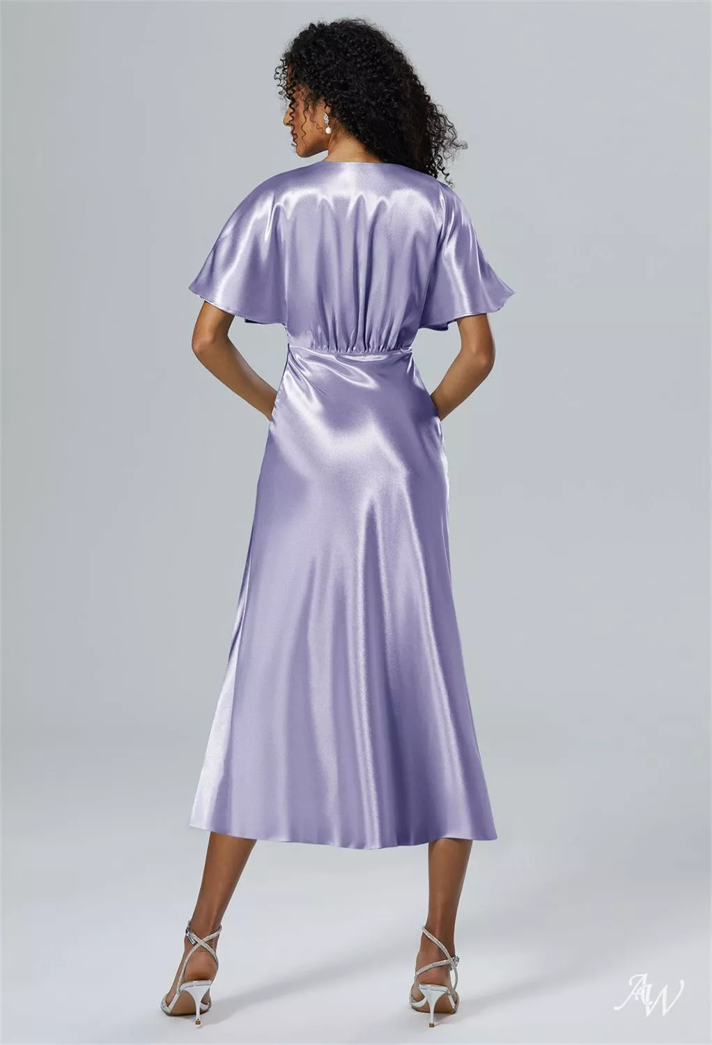 purple tea length bridesmaid dresses AW.Bridal A-line V-Neck Short Sleeves Ruching Split Short Dress Haze Size 18 She is wearing a