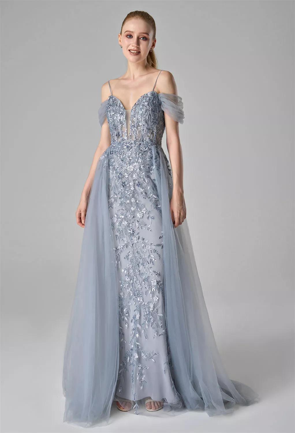 blue sapphire dresses bridesmaids A Line V Neck Grey Beaded Long Prom Dress with Split, Grey Beaded Form –  abcprom main image 1