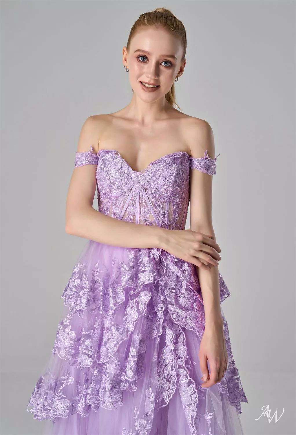 AW.Bridal Off the Shoulder Straps Sheer Boned Corset Floaty Tiered Sequin-Embellished Tulle Prom Dresses sherri hill 55500 Lilac Size 6