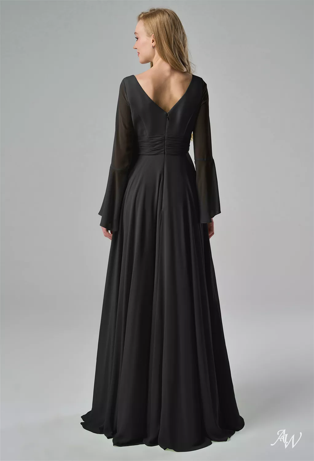 black long sleeve dress bridesmaid Reagan Square Neck Crepe Maxi Bridesmaid Dress