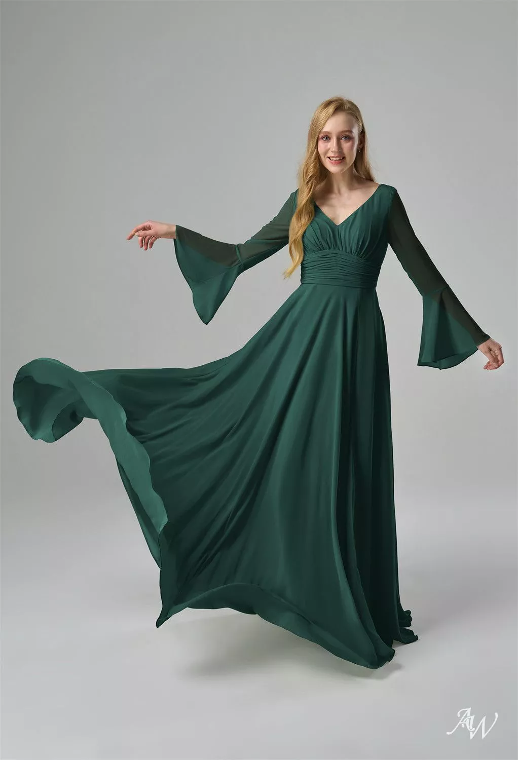 emerald green bridesmaid dress long sleeve Wedtrend Women Dark Green Bridesmaid Dress with Slit A-Line Bateau Neck  Chiffon Wedding Party Dress with Long Sleeves – WEDTREND main image 1