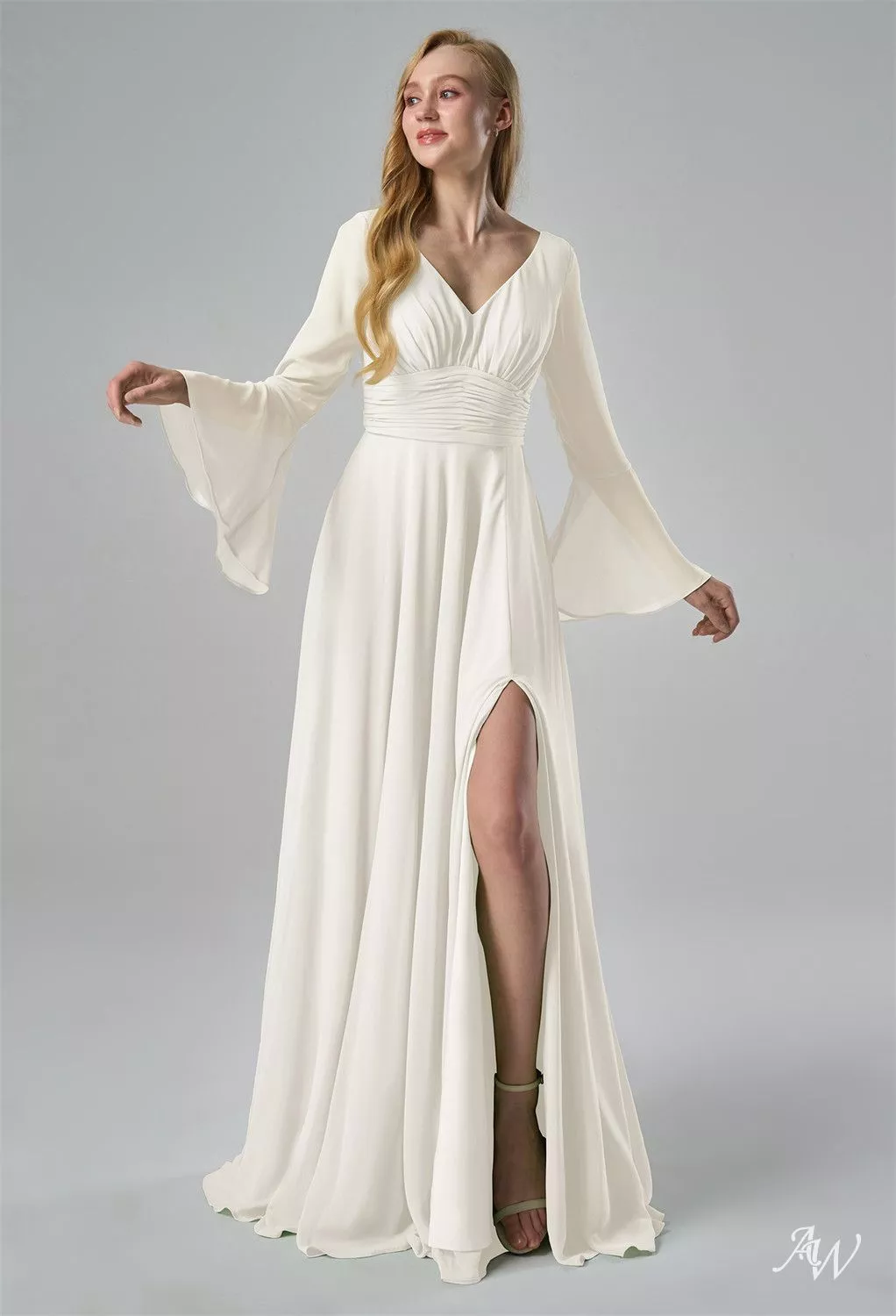 sachin and babi light blue dress AW.Bridal A-Line V-Neck Floor Length Long Sleeves Chiffon Ruching Split Long Bridesmaid Dresses Ivory Size 18