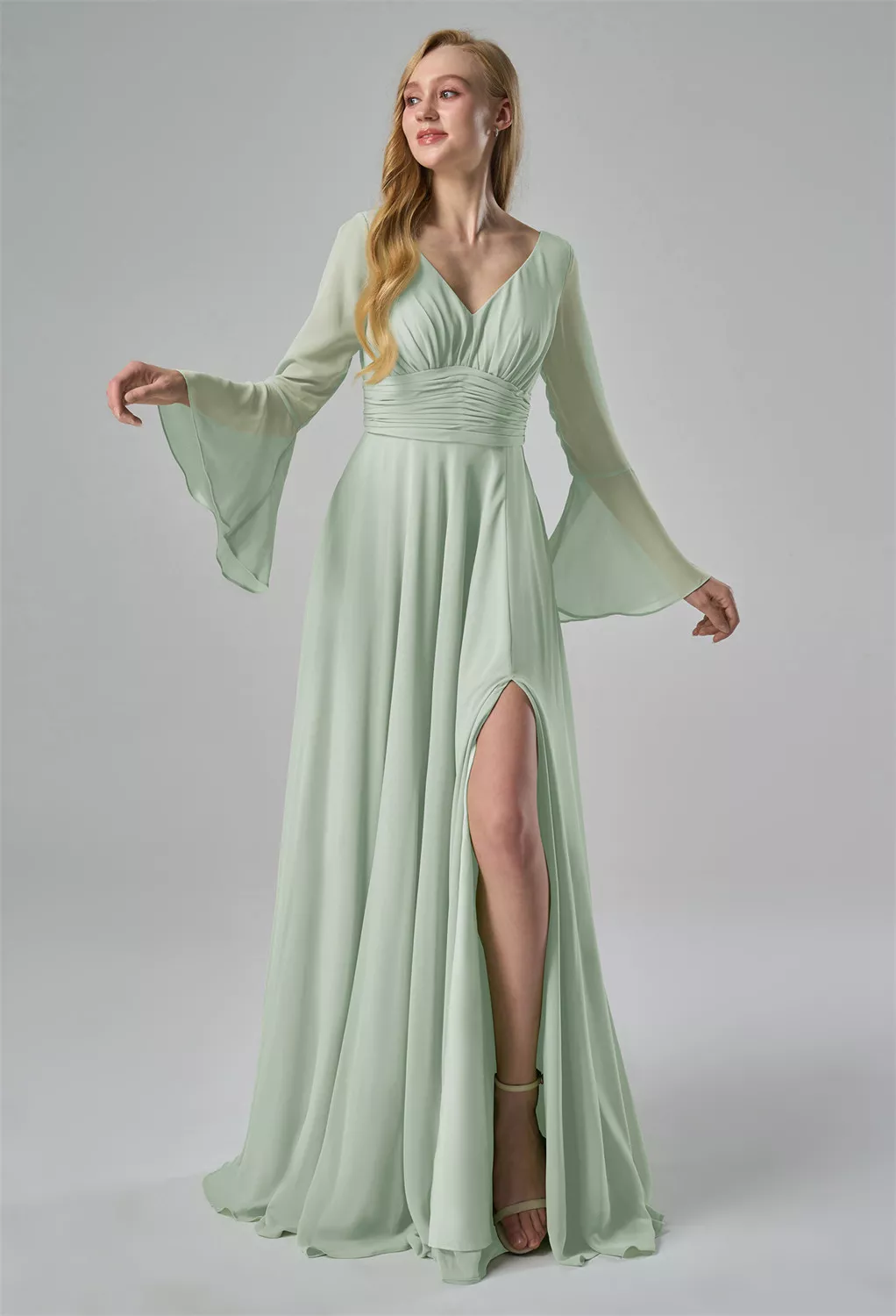 green bridesmaid dress with sleeves Sage Green Bridesmaid Dresses Chiffon Remixed – Lisposa