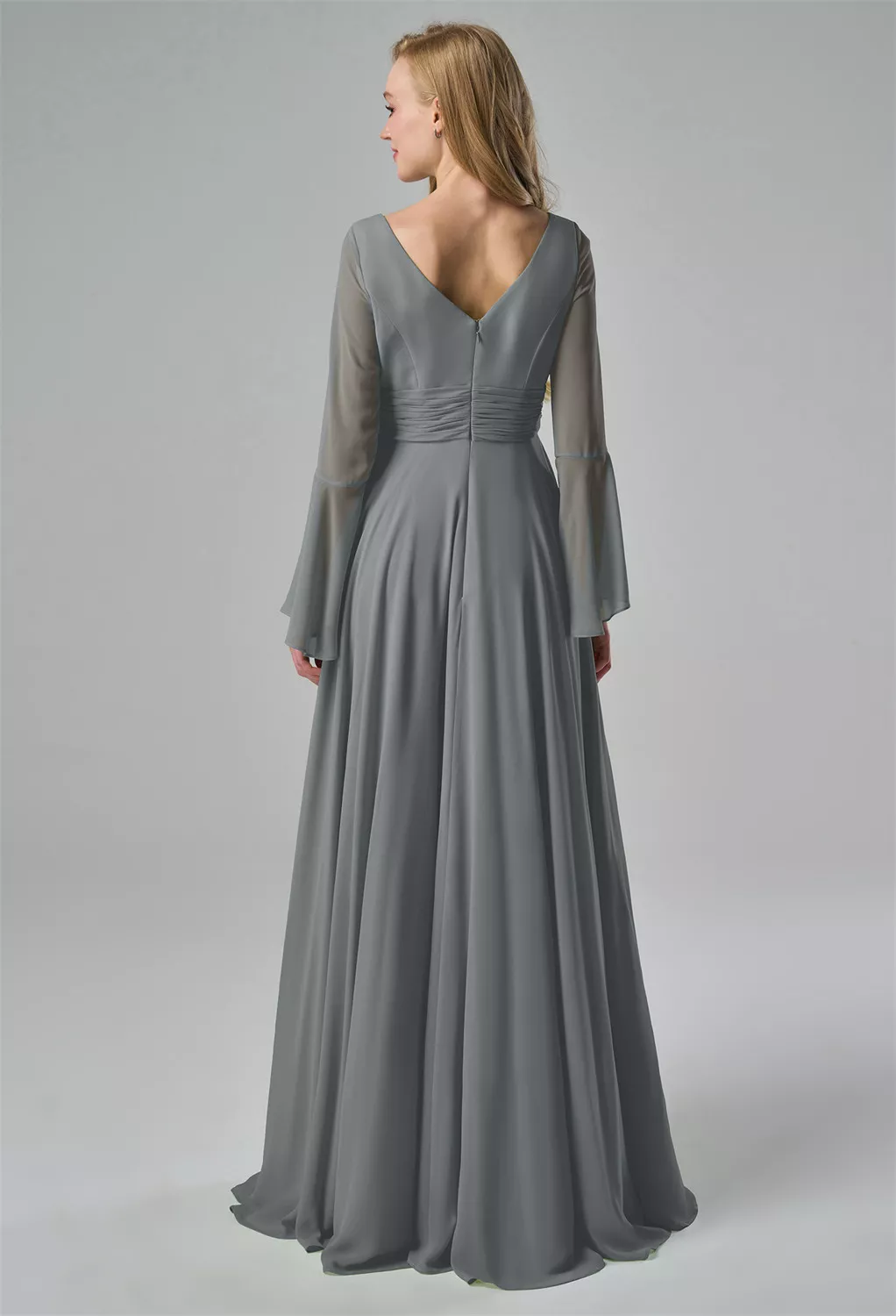 gray or silver bridesmaid dresses Grey Keyhole Back Floor Length Chiffon Pockets Bridesmaid Dress main image 1