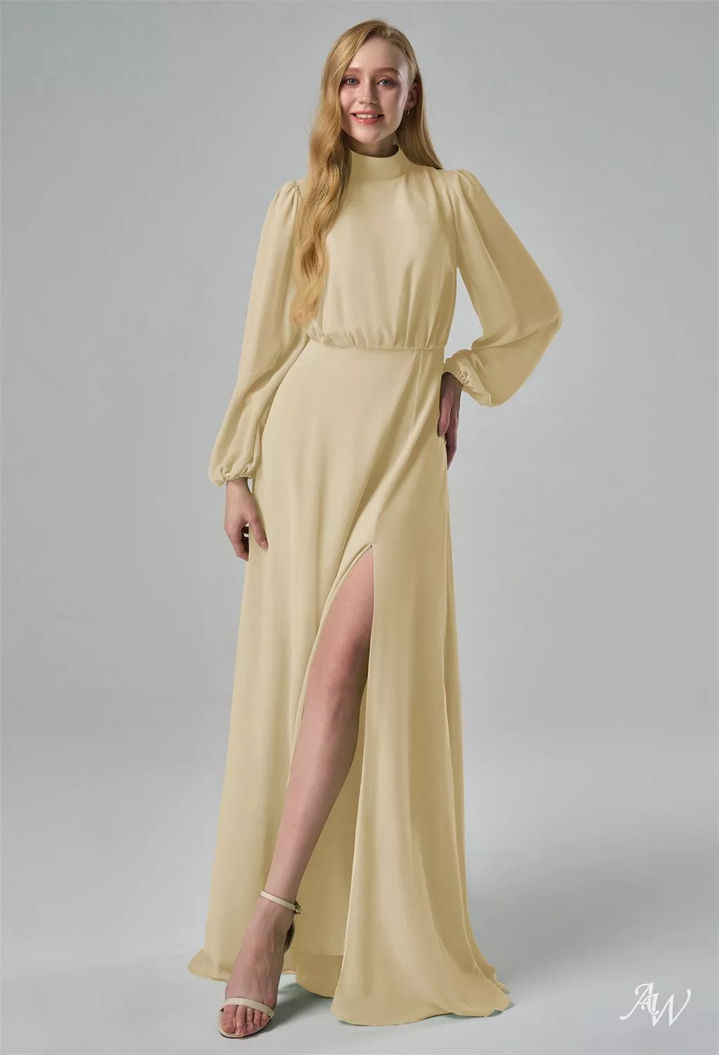 long sleeve bridesmaid dresses champagne AW.Bridal A-line Turtleneck Floor Length Sleeves Puff Sleeves Split Long Dress Size 18 Chiffon Color Style:MS02355BO Champagne color Two Piece Homecoming Dress Discover the wedding dress