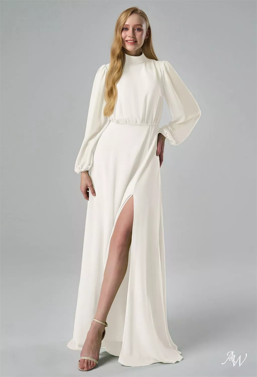 AW.Bridal A-line Turtleneck Floor Length Long Sleeves Puff Sleeves Chiffon Split Long Bridesmaid Dresses Ivory Size 4