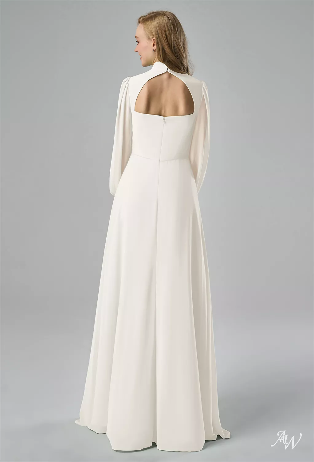 AW.Bridal A-line Turtleneck Floor Length Long Sleeves Puff Sleeves Split Long Bridesmaid Dresses Dress Ivory Size 8
