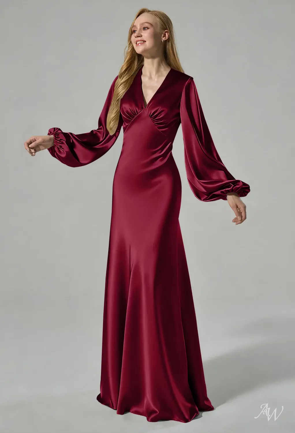 hyacinth bridesmaid dresses AW.Bridal Crystal Satin Mermaid V-Neck Floor Length Long Sleeves Puff Sleeves Cutout Dress Deep Claret Size 4 it’s equal parts romantic