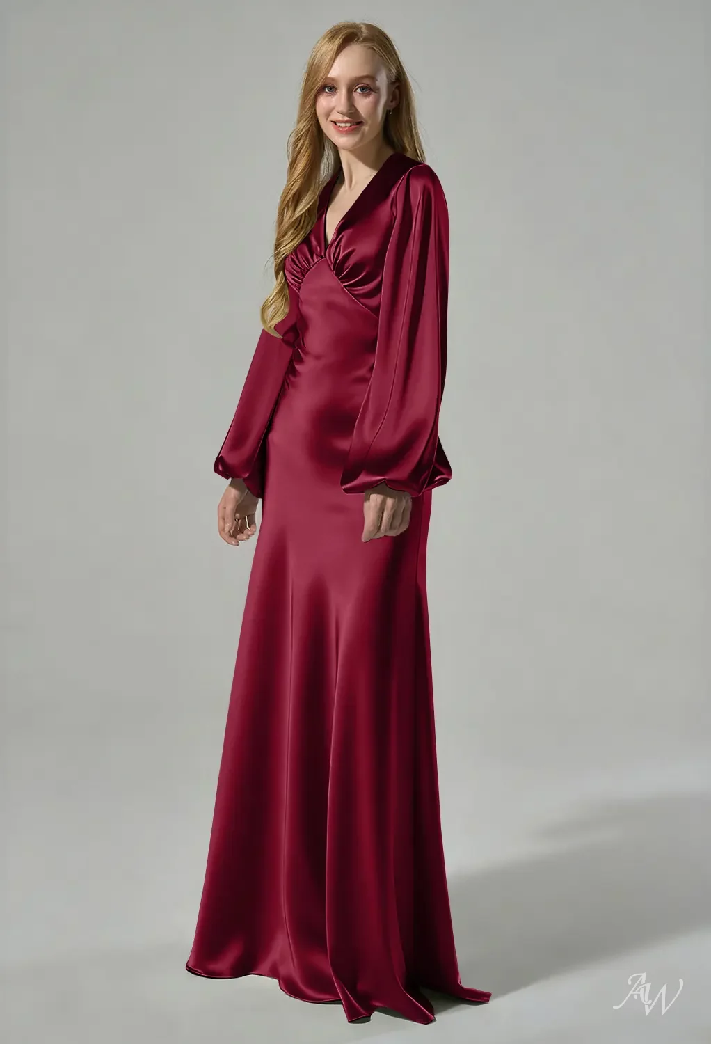 claret bridesmaid dresses AW.Bridal Crystal Satin Mermaid V-Neck Floor Length Long Sleeves Puff Sleeves Cutout Dress Deep Size 4 length bridesmaid dress