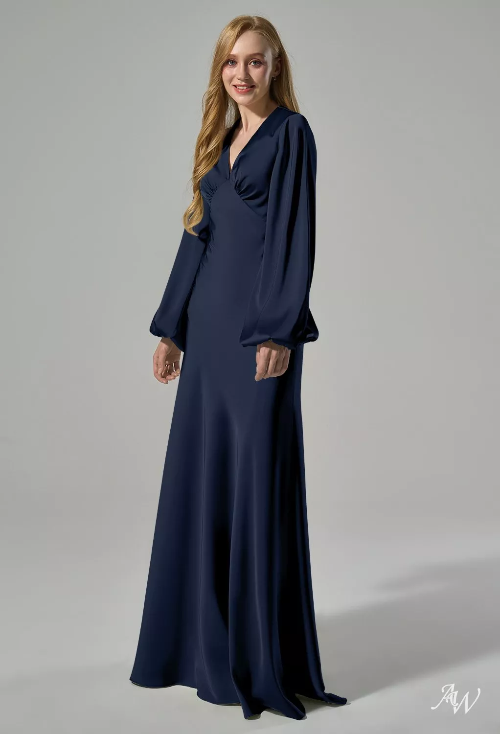 hyacinth blue bridesmaid dresses AW.Bridal Mermaid V-Neck Floor Length Long Sleeves Puff Sleeves Satin Cutout Long Dress Dark Navy Size 4 different shades of blue bridesmaid dresses