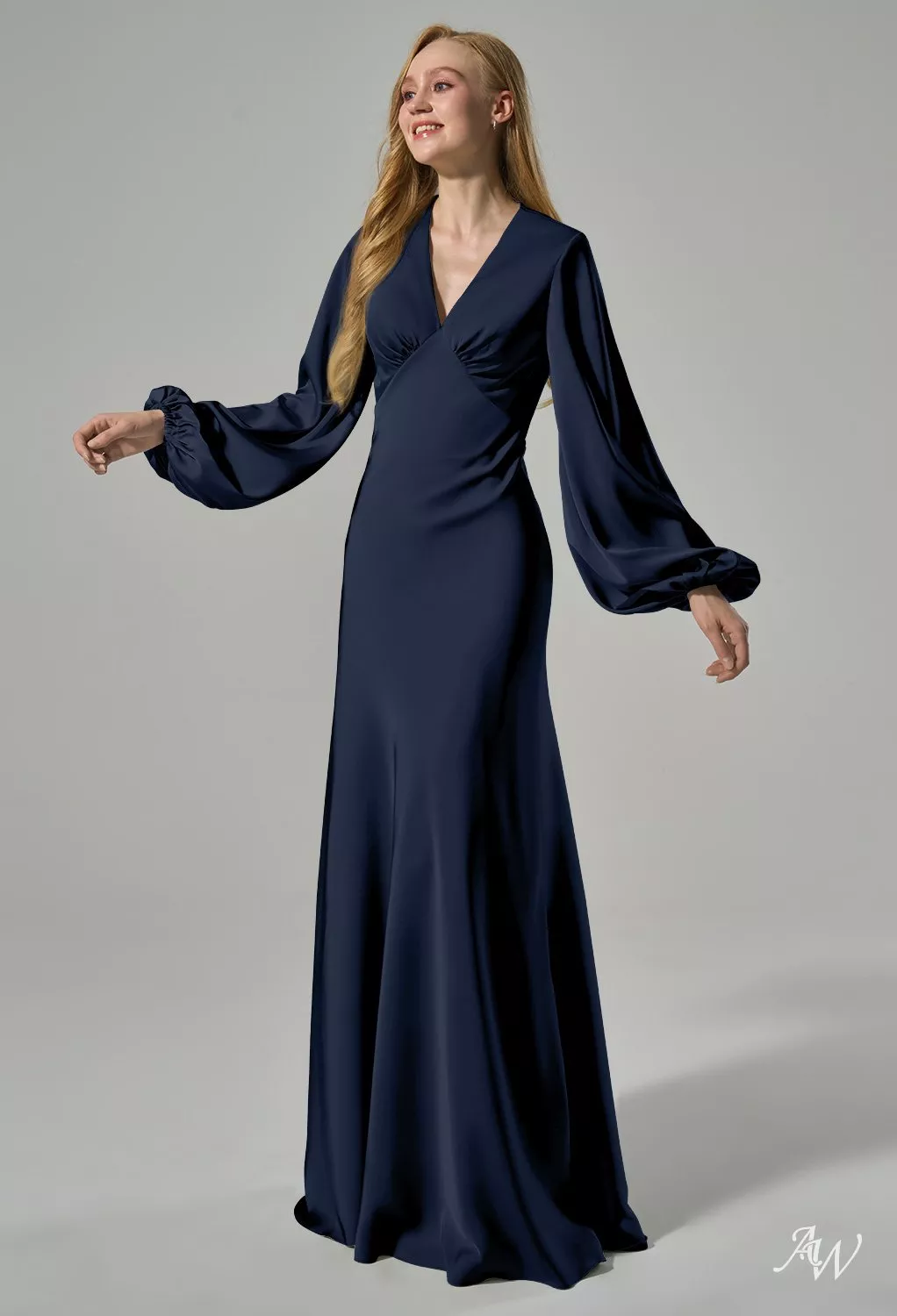 AW.Bridal Mermaid V-Neck Floor Length Long Sleeves Puff Sleeves Satin Cutout Long Bridesmaid Dresses Dress Dark Navy Size 4