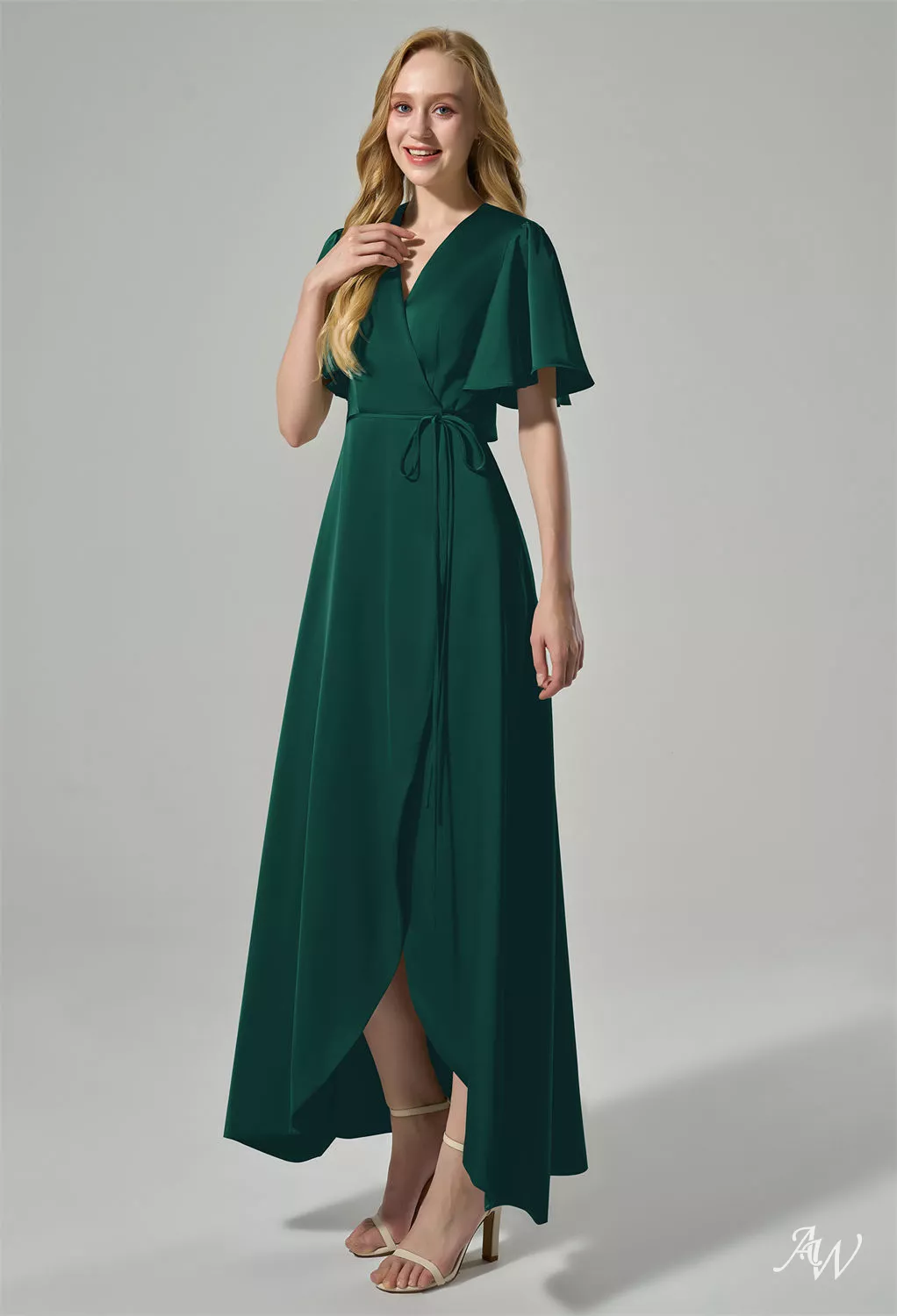 alexa dress green AW.Bridal A-line V-Neck Hi Lo Short Sleeves Satin Long Bridesmaid Dresses Hunter Size 4 Easter Dresses