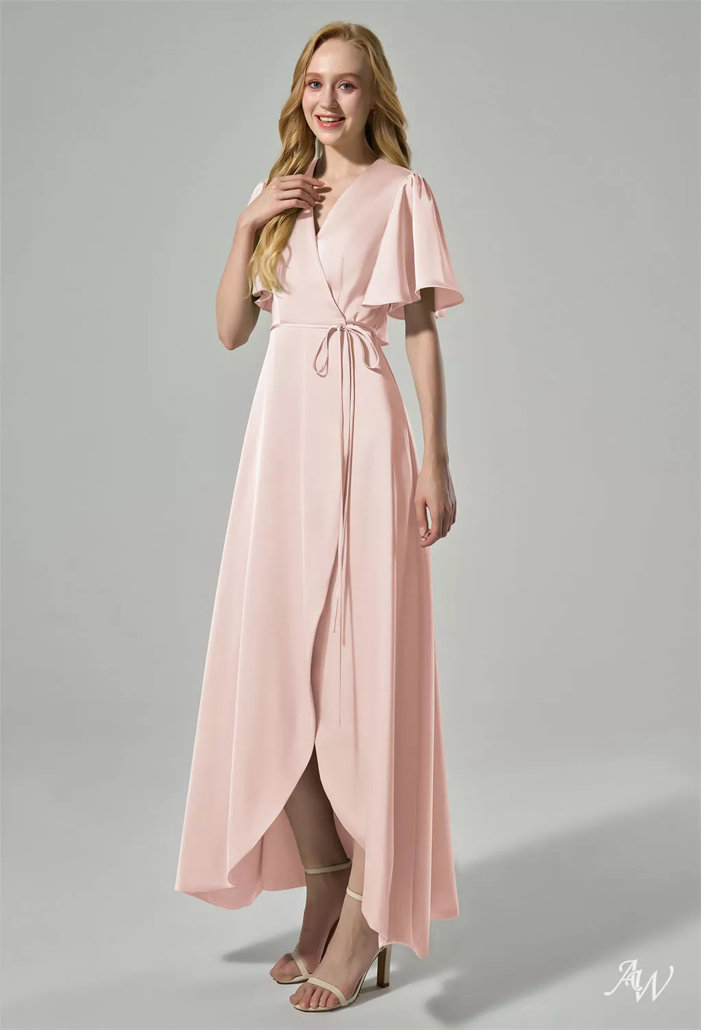 AW.Bridal A-Line V-Neck Hi Lo Short Sleeves Satin Long Bridesmaid Dresses Pearl Pink Size 6