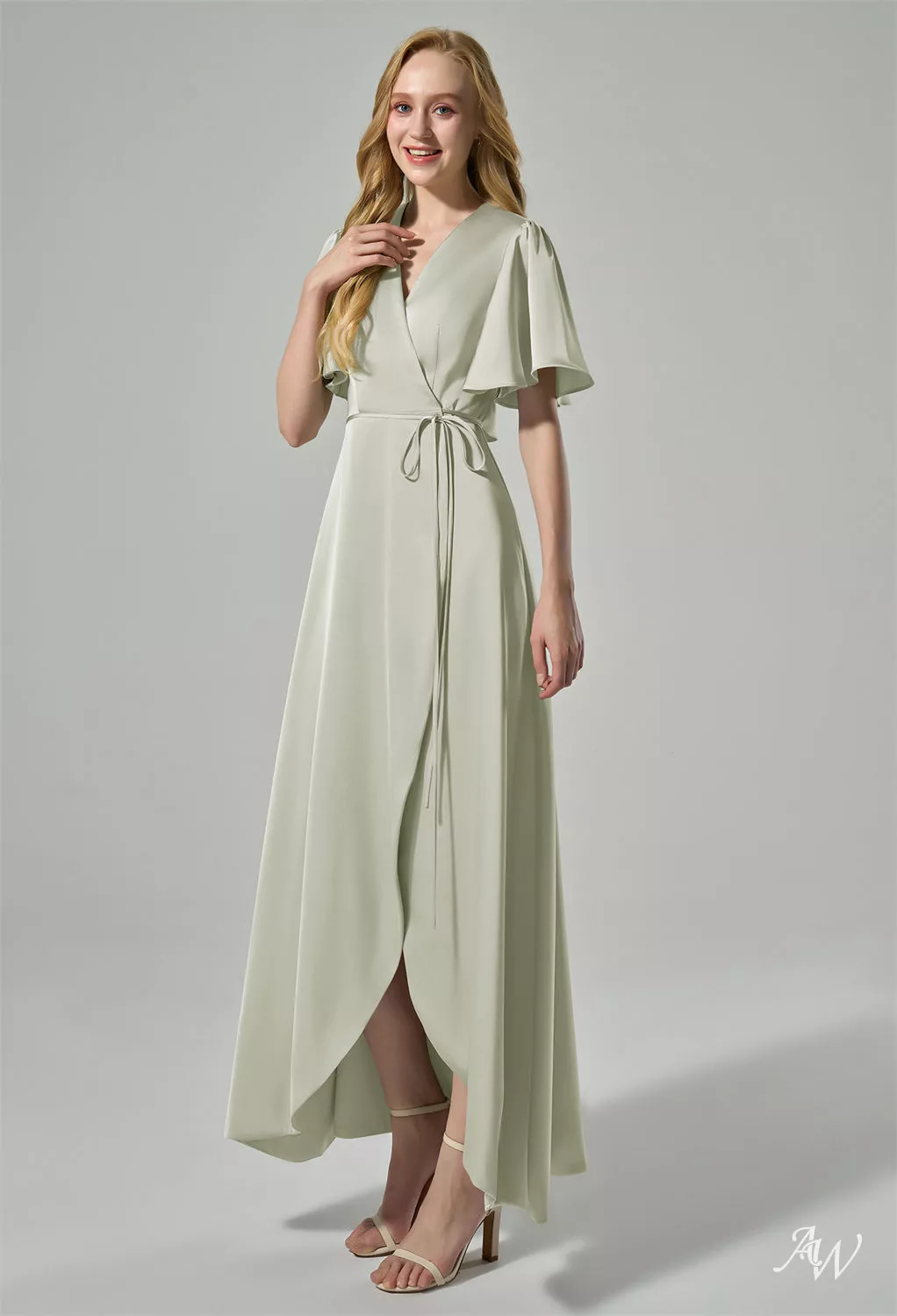 AW.Bridal A-line V-Neck Hi Lo Short Sleeves Satin Long Bridesmaid Dresses Sage Green Size 18