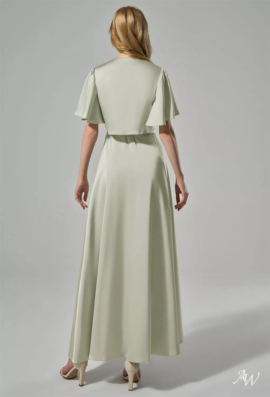 AW.Bridal A-line V-Neck Hi Lo Short Sleeves Satin Long Bridesmaid Dresses Sage Green Size 18