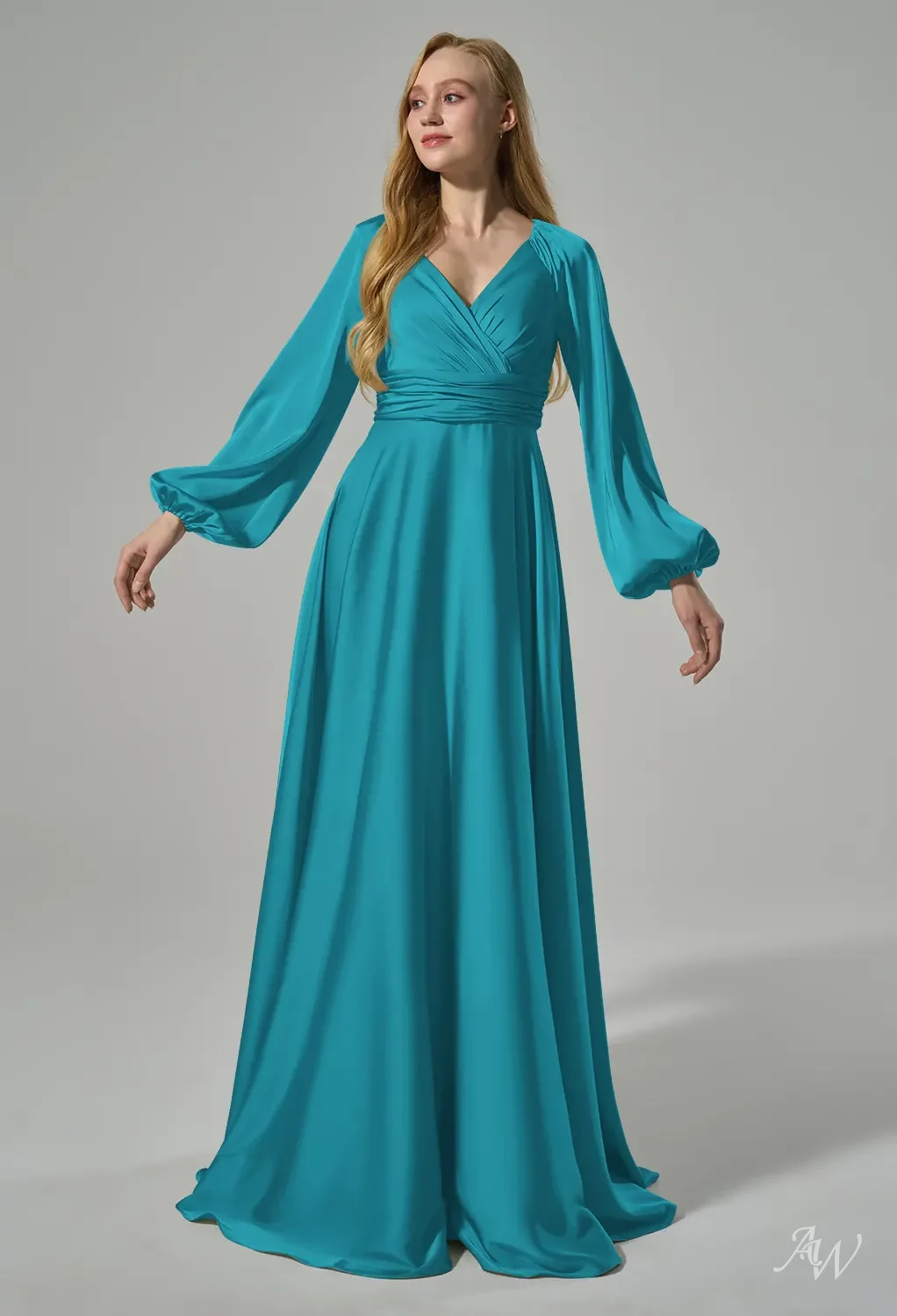 AW.Bridal A-line V-Neck Floor Length Long Sleeves Puff Sleeves Satin Ruching Long Bridesmaid Dresses Teal Size 16