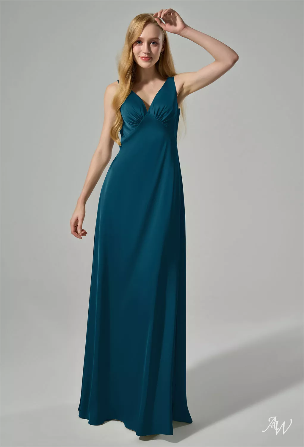 AW.Bridal A-line V-Neck Floor Length Sleeveless Satin Ruching Long Bridesmaid Dresses Dress Deep Lake Size 4