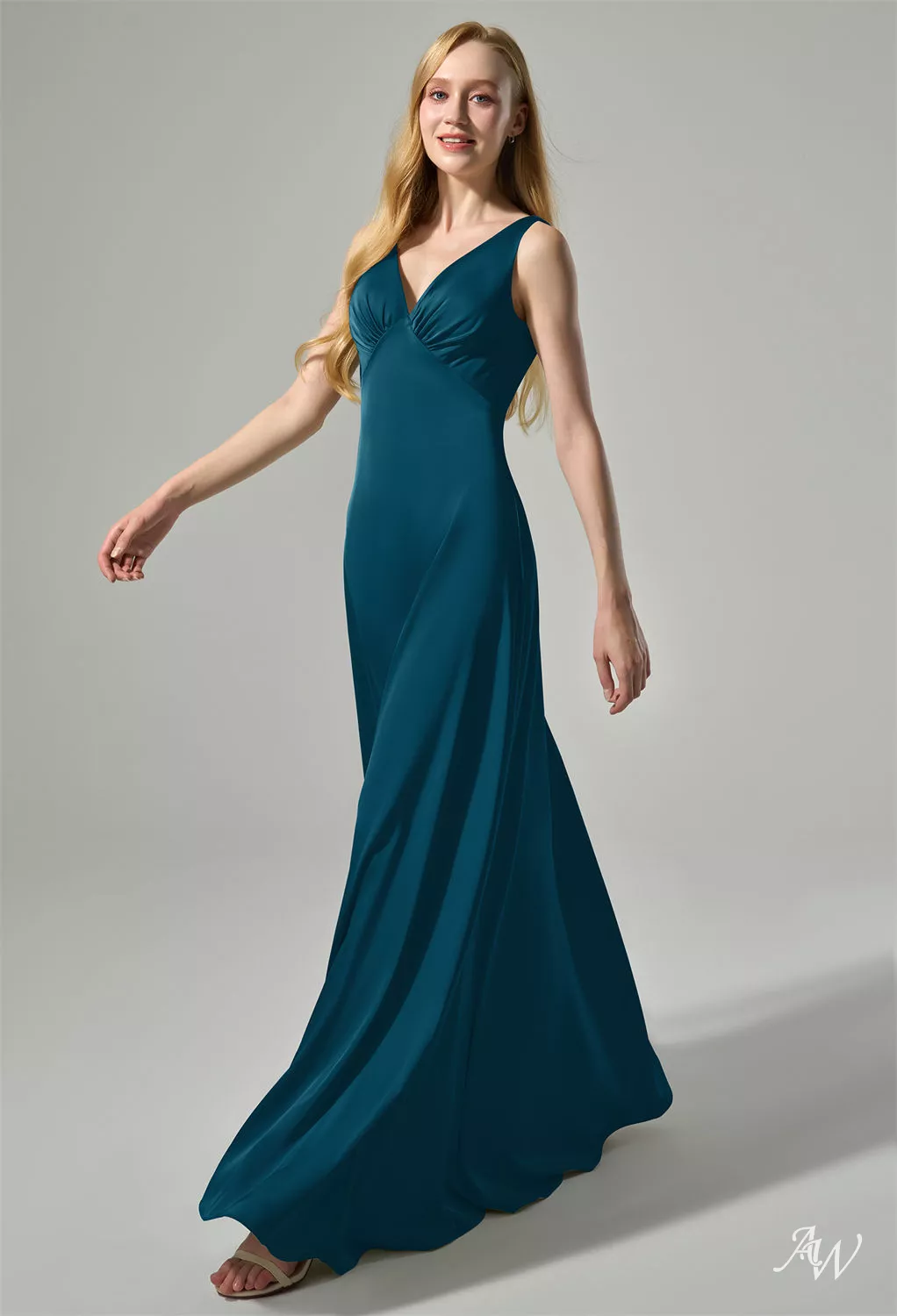 charmeuse deep v-neck a-line bridesmaid dress Green Self-tie Charmeuse Double Straps A-line Slit Bridesmaid Dress main image 1