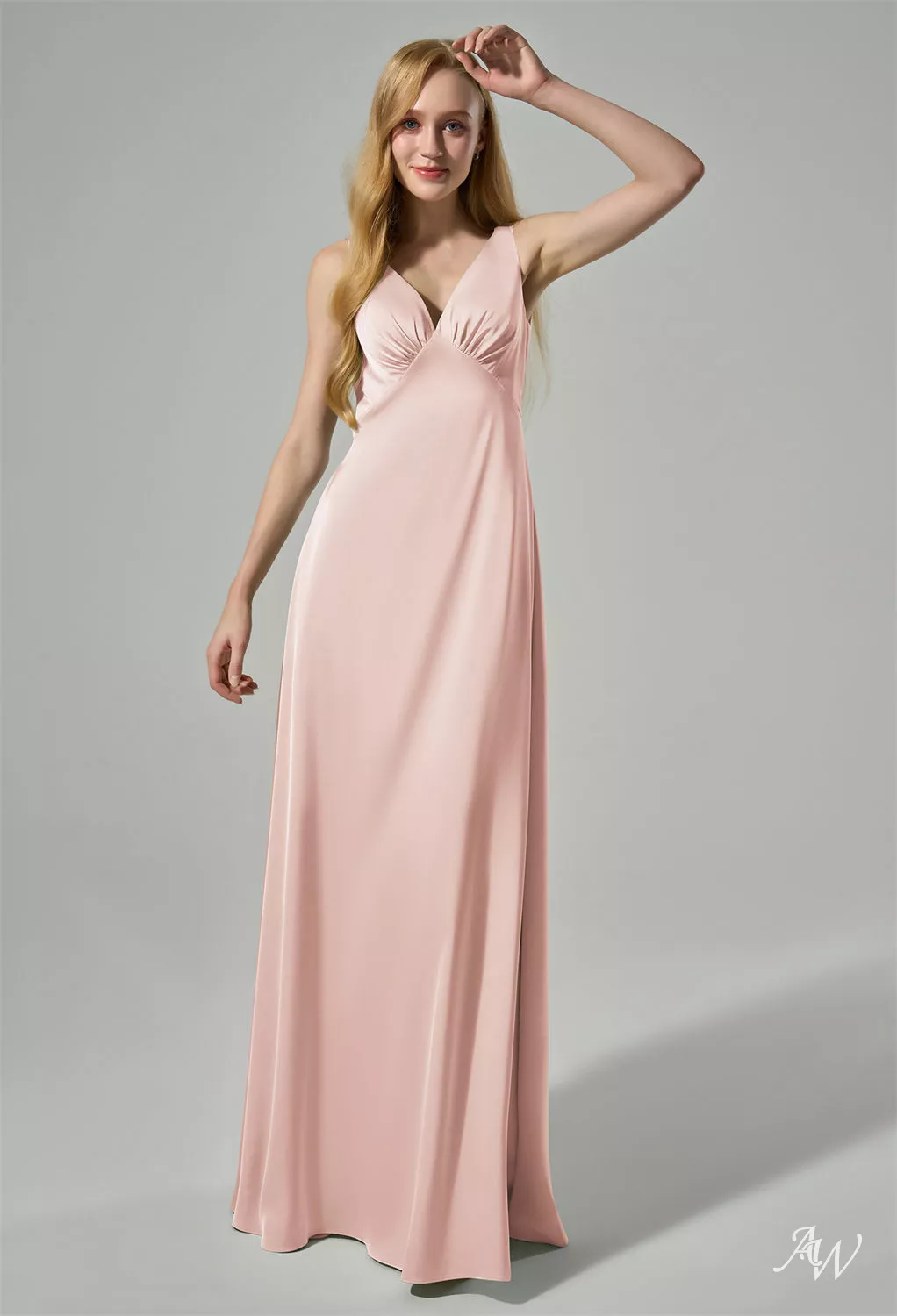 dress that green and pink pearls AW.Bridal A-line V-Neck Floor Length Sleeveless Satin Ruching Long Bridesmaid Dresses Pearl Size 16 10/11/2025