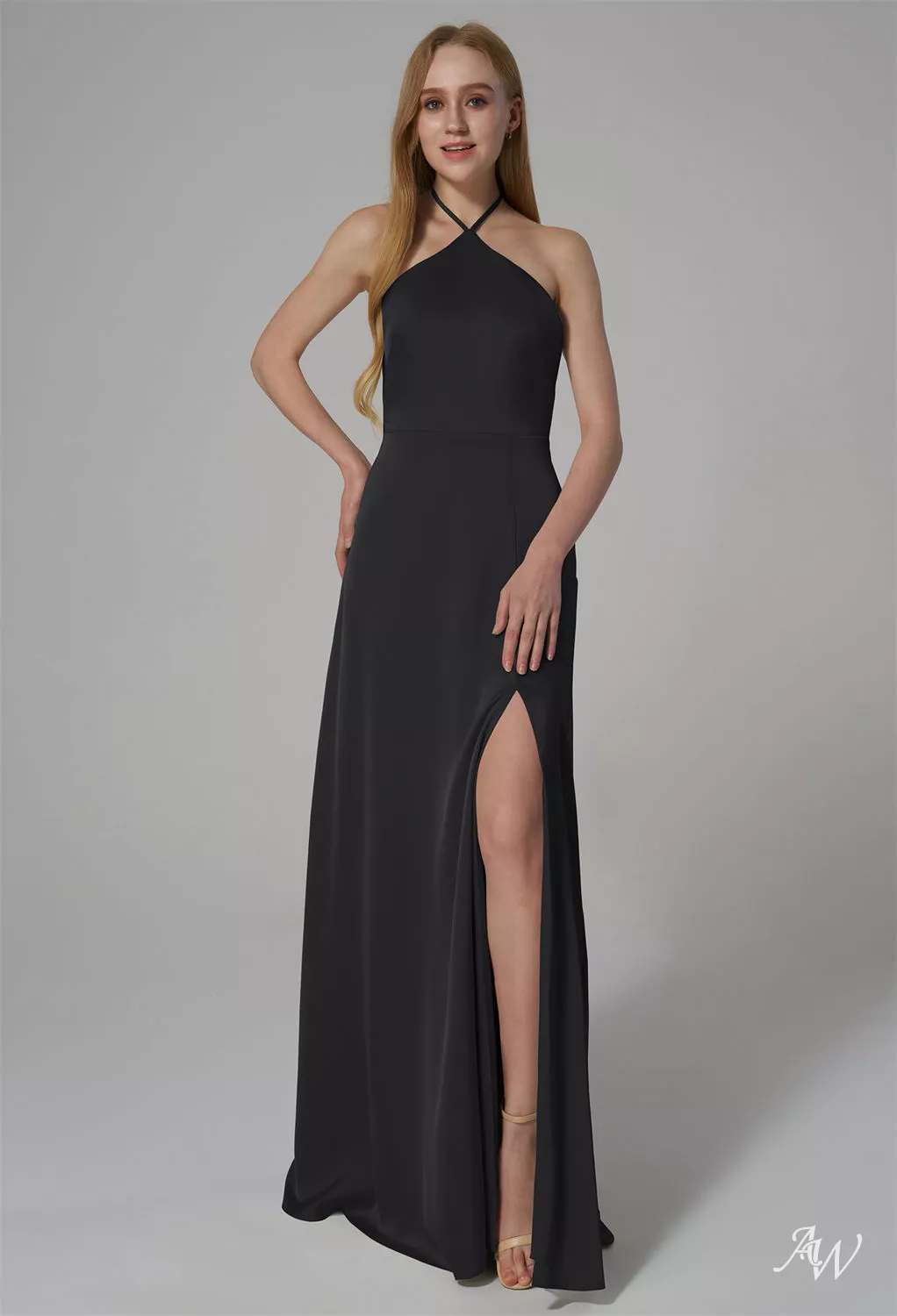 metallic bridesmaid dresses AW.Bridal A-line Halter Neckline Floor Length Sleeveless Satin Backless Split Long Dress Black Size 18 line skirt with a UNDER $170 iUniform ASU App Color:Black Cherry Multi