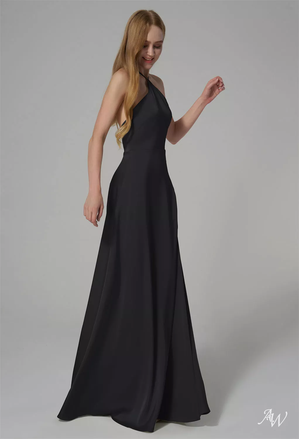 black metallic satin bridesmaid dress AW.Bridal A-line Halter Neckline Floor Length Sleeveless Backless Split Long Dresses Size 18 Discover the look today BRNO3 Burberry Kelsy House Check Color:Golden