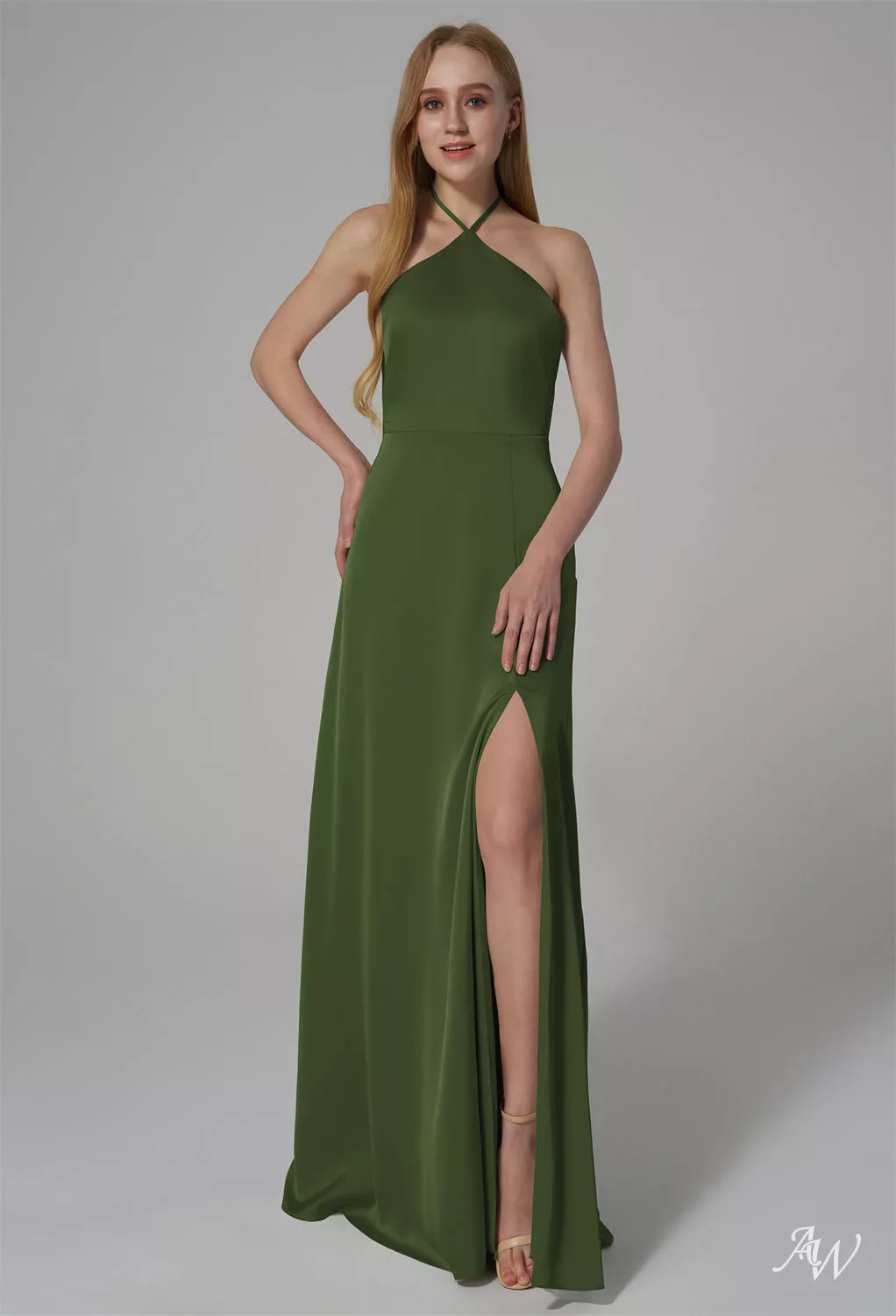 AW.Bridal A-line Halter Neckline Floor Length Sleeveless Satin Backless Split Long Bridesmaid Dresses Dress Green Olive Size 4