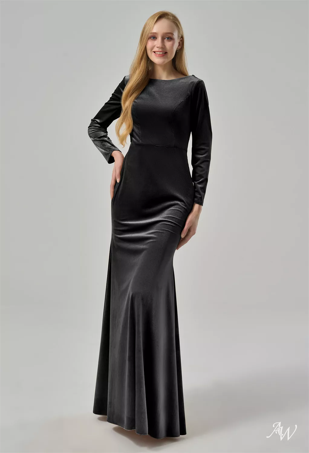 long sleeve black satin bridesmaid dresses AW.Bridal Mermaid Bateau Neckline Cowl Back Floor Length Long Sleeves Velvet Long Bridesmaid Dresses Black Size 16