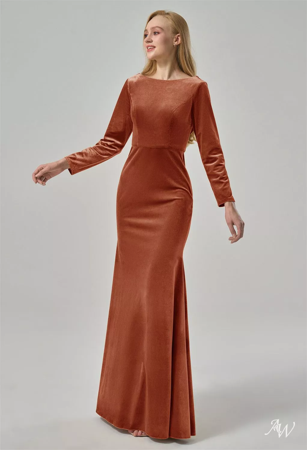 AW.Bridal Mermaid Bateau Neckline Floor Length Long Sleeves Cowl Back Long Bridesmaid Dresses Dress Burnt Orange Size 4