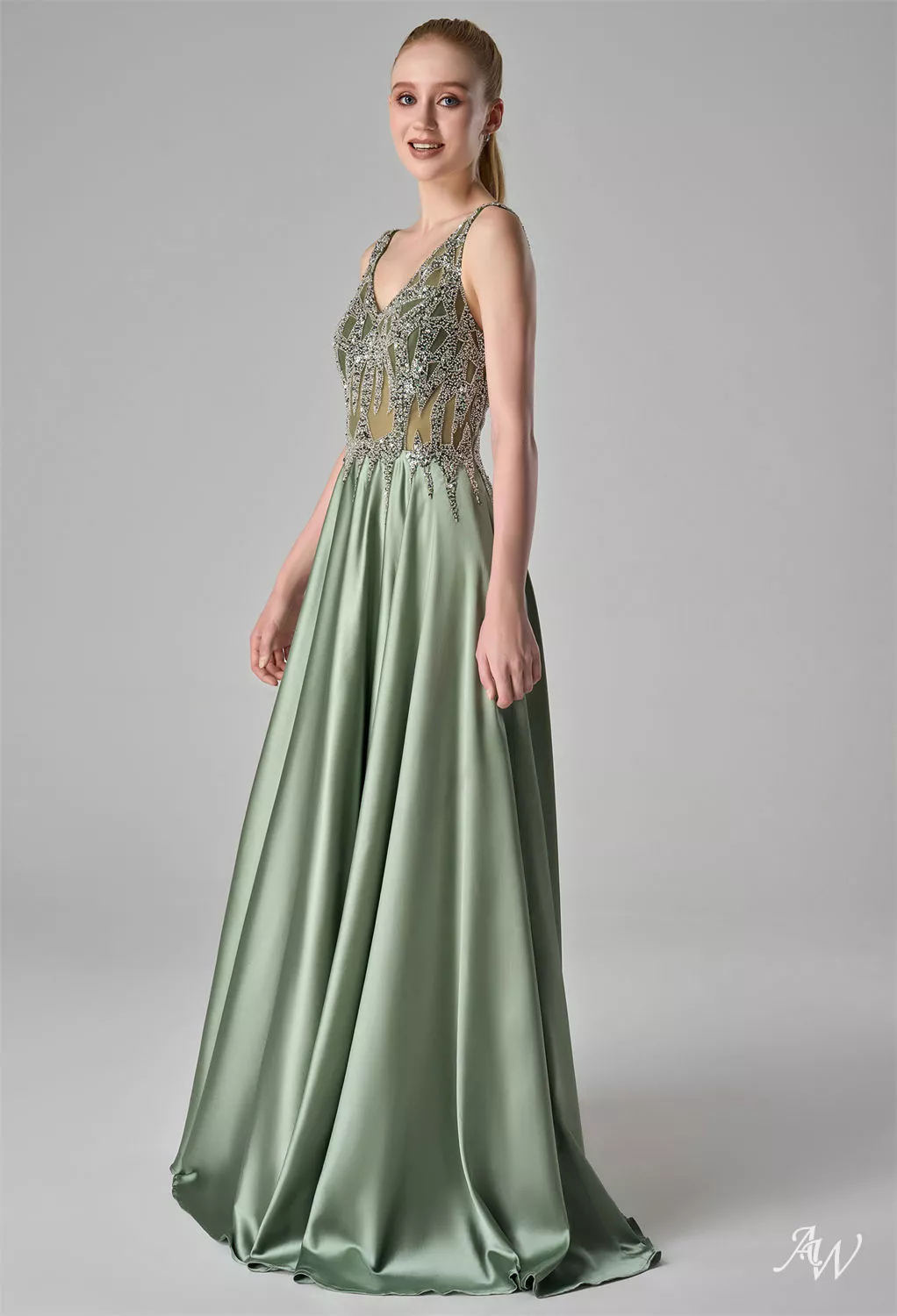 AW.Bridal A-line V-Neck Floor Length Sleeveless Beading Sequin Rhinestones/Crystal Prom Dresses Dress Seafoam Size 8