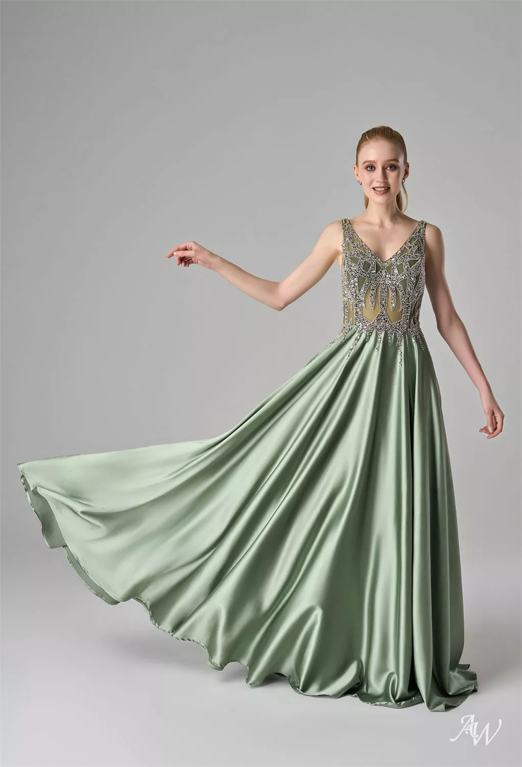 AW.Bridal A-line V-Neck Floor Length Sleeveless Beading Sequin Rhinestones/Crystal Prom Dresses Dress Seafoam Size 8