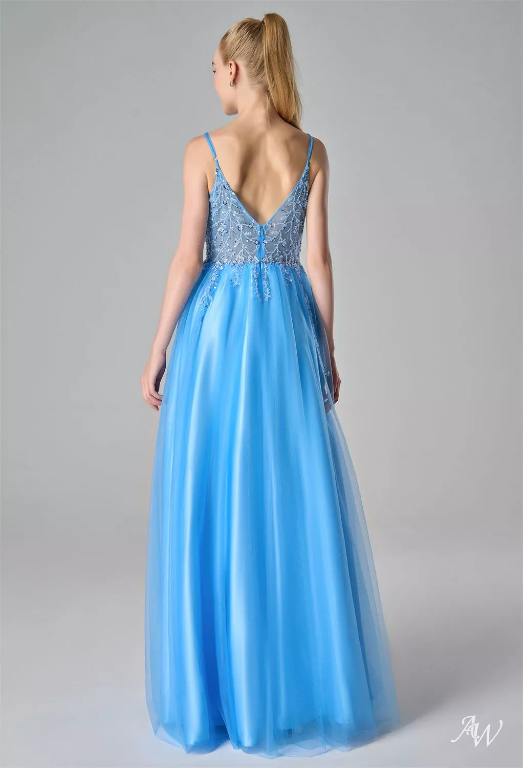 AW.Bridal A-line V-Neck Floor Length Sleeveless Spaghetti Straps Beading Sequin Prom Dresses Dress Cerulean Size 4