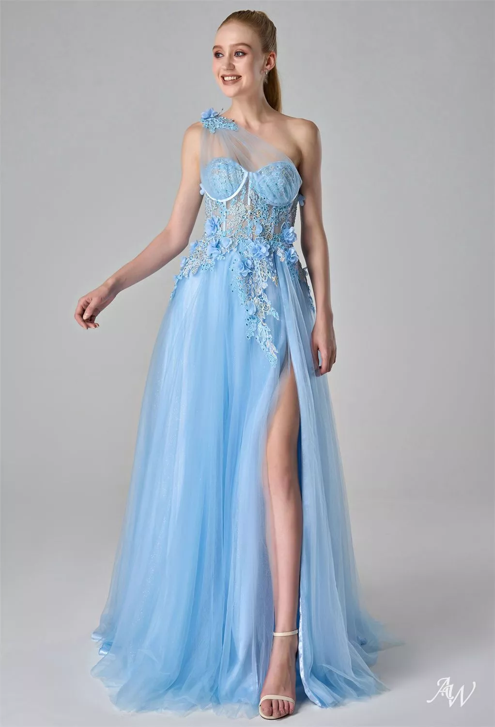 annabelle blue dress A-line One Shoulder Floor Length Sleeveless Tulle 3D Floral Embroidered Corset Mesh Appliqued Baby Size 8 size:XS / 2 lay flat to dry swatch:teal-animal-print Ivory A Line Embellished