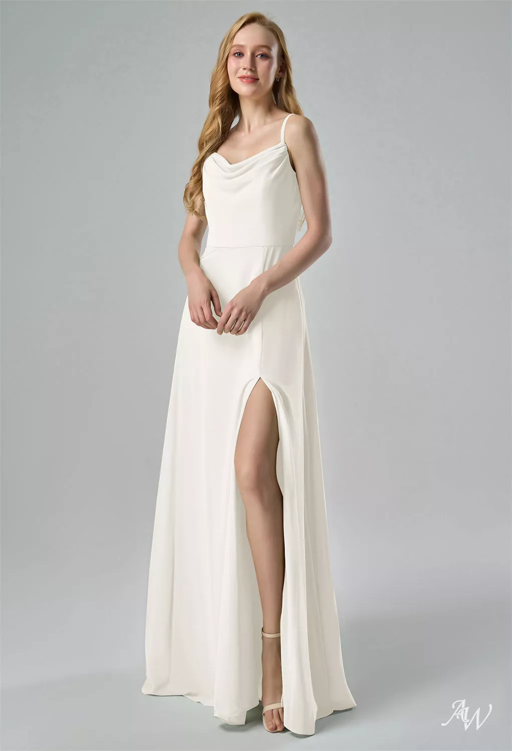 ivory maid of honor dresses AW.Bridal A-line Cowl Neckline Floor Length Sleeveless Spaghetti Straps Split Long Bridesmaid Dresses Dress Ivory Size 8
