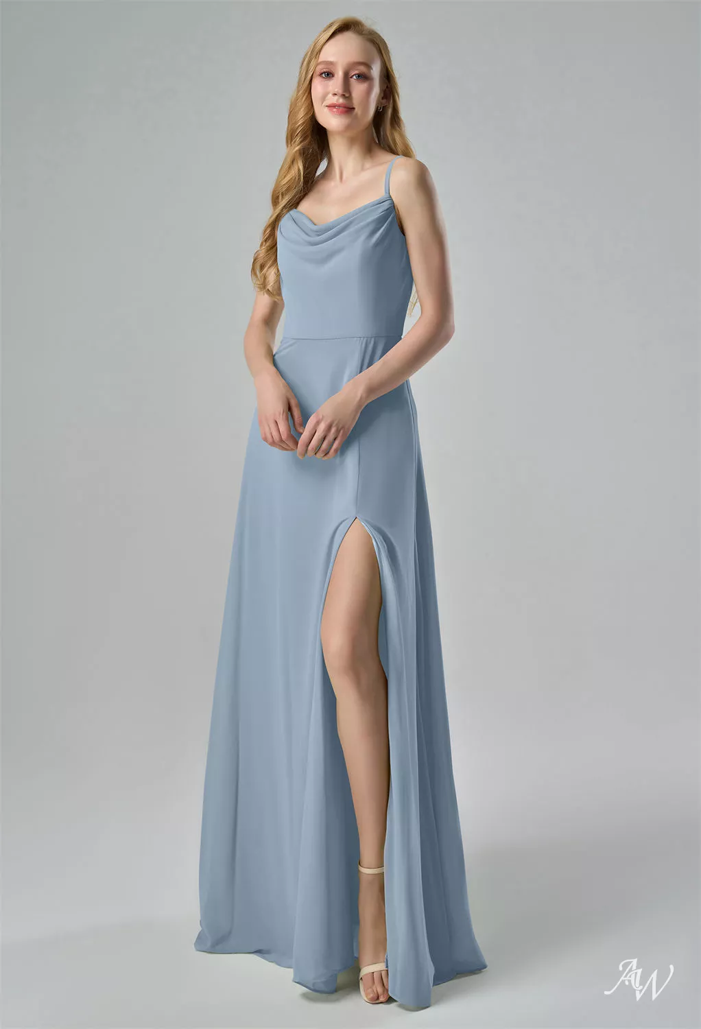 free people blue sweater dress Zapaka Women Dusty Blue Bridesmaid Dress with Ruffles Chiffon A Line  Spaghetti Straps Long Wedding Guest Dress with Slit – ZAPAKA main image 0