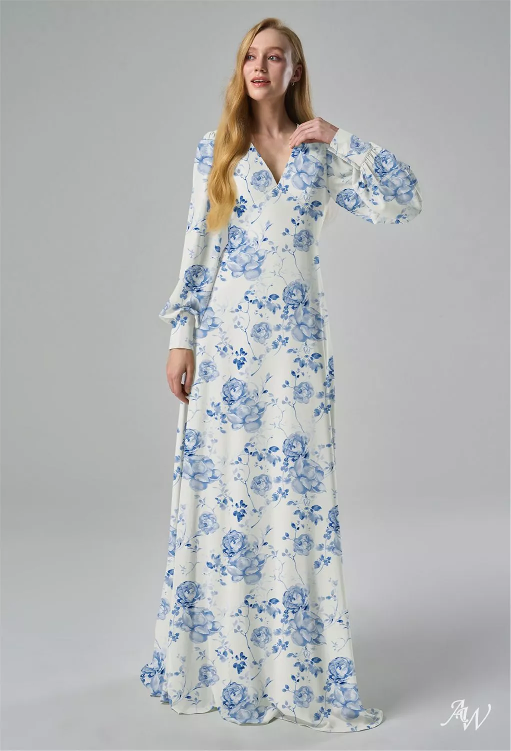 aphrodite floral chiffon dress AW.Bridal A-line V-Neck Floor Length Long Sleeves Cutout Bridesmaid Dresses Floral Blue Botanical Floral Size 6 Size (US):S (4) 202607newsale Sorority formal dresses Cold gentle hand wash