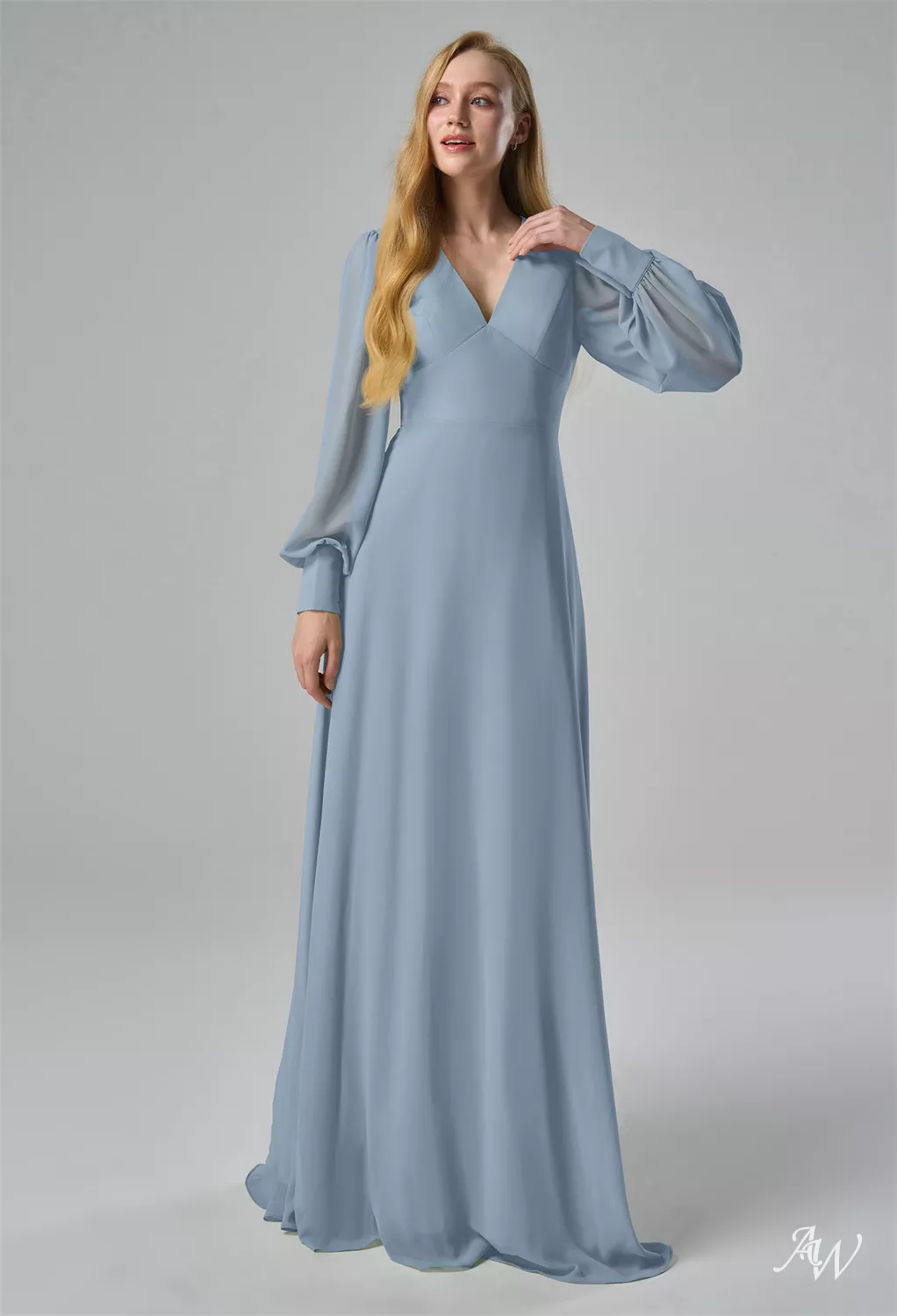 AW.Bridal A-line V-Neck Floor Length Long Sleeves Cutout Long Bridesmaid Dresses Dress Light Dusty Blue Size 18
