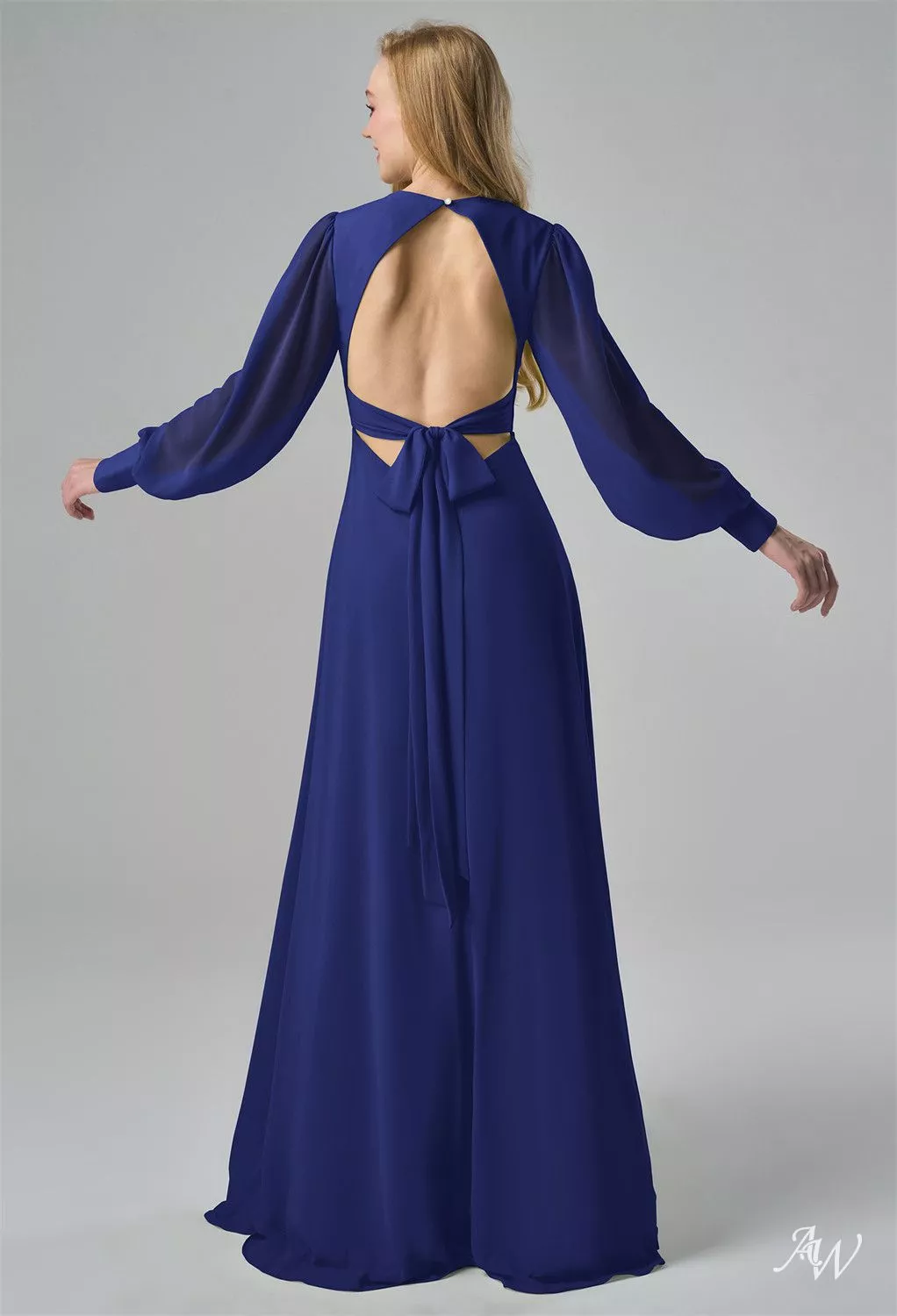fitted lace wedding dress Julianna Modest V Neck Long Sleeves Ruffles Chiffon Bridesmaid Dresses, Navy Blue main image 0