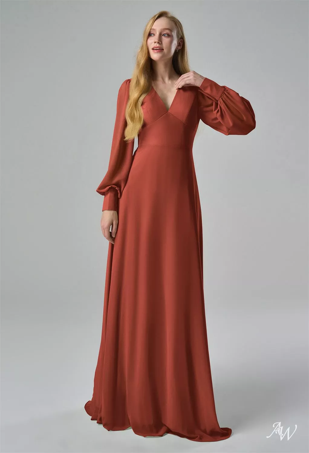 AW.Bridal A-line V-Neck Floor Length Long Sleeves Cutout Long Bridesmaid Dresses Dress Rust Size 8