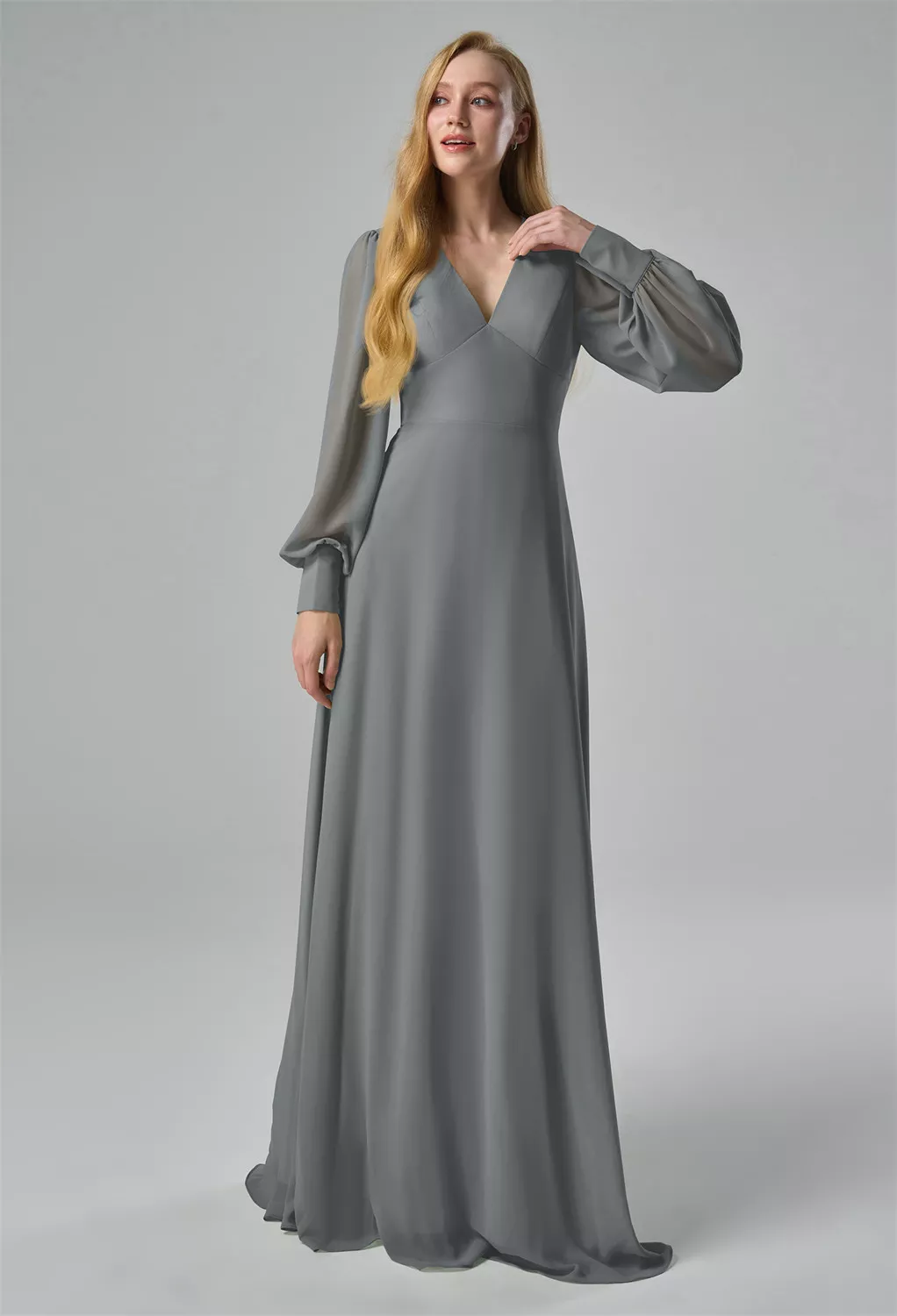 grey bridesmaid dresses chiffon Light Gray V Neck Chiffon Bridesmaid Dress 1910 main image 1