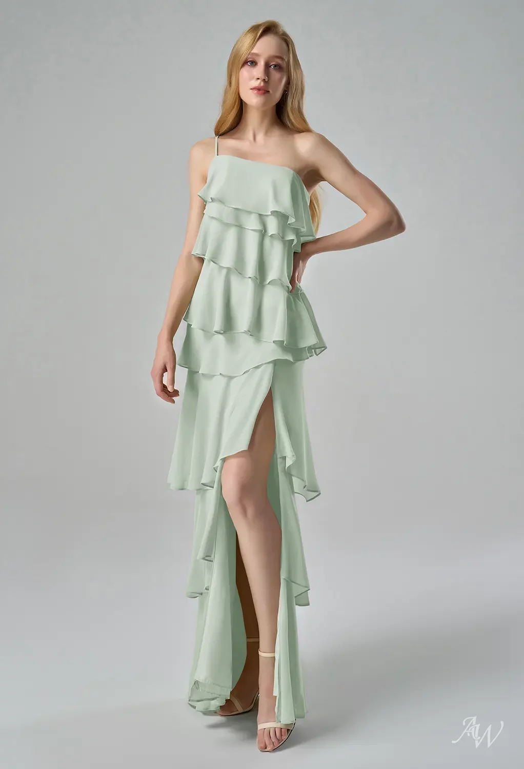 AW.Bridal A-line One Shoulder Floor Length Sleeveless Ruffles Split Tiered Long Bridesmaid Dresses Dress Sage Green Size 6
