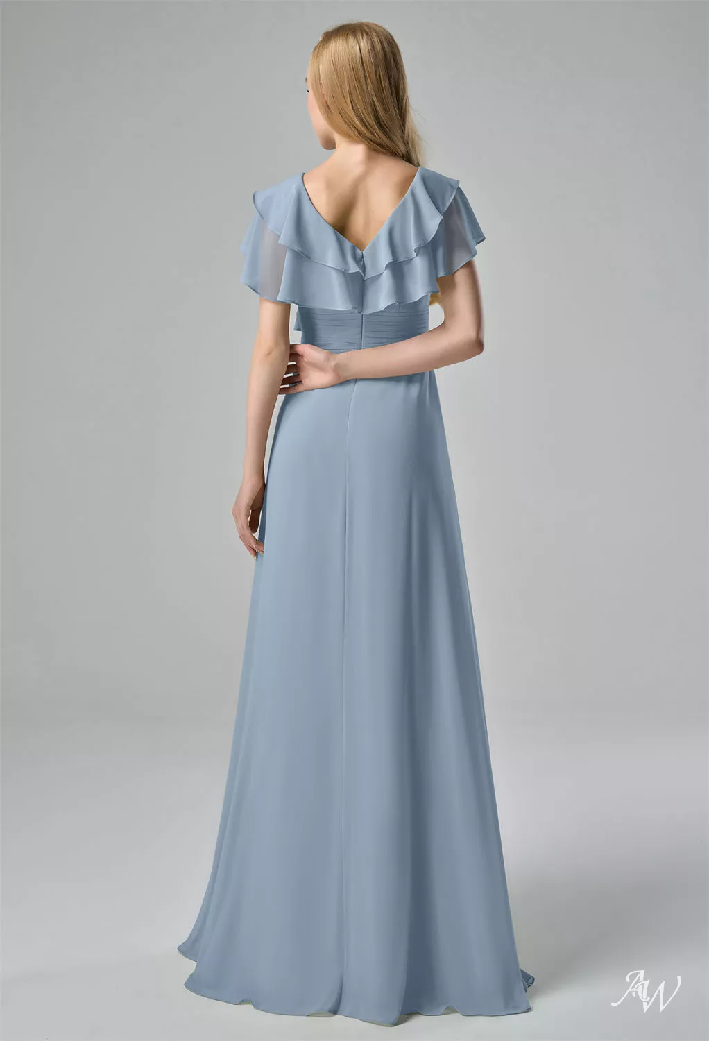 AW.Bridal A-line V-Neck Floor Length Short Sleeves Rhinestones/Crystal Long Bridesmaid Dresses Dress Light Dusty Blue Size 16