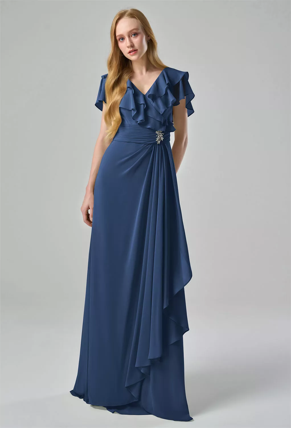 sachin and babi light blue dress V Neck Navy Tea Length Bridesmaid Dresses V Neck Tea Length Navy Blue  Bridesmaid Dresses Tea main image 1