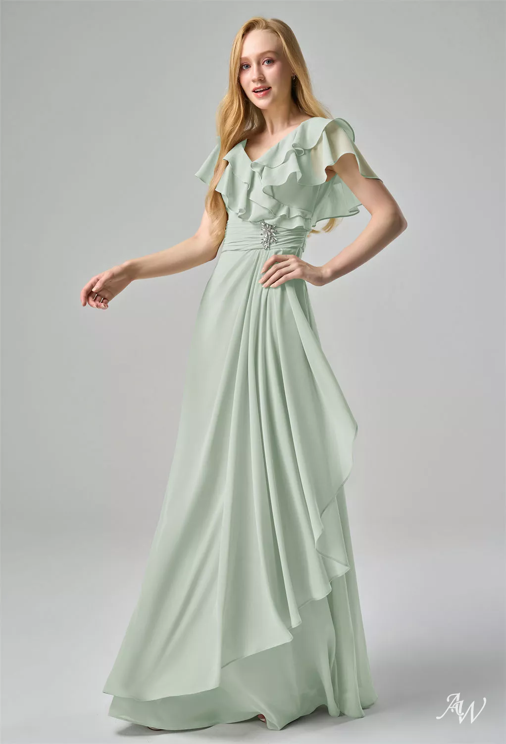 celery bridesmaid dresses AW.Bridal A-line V-Neck Floor Length Short Sleeves Rhinestones/Crystal Long Dress Sage Green Size 6 Color:Dark Denim