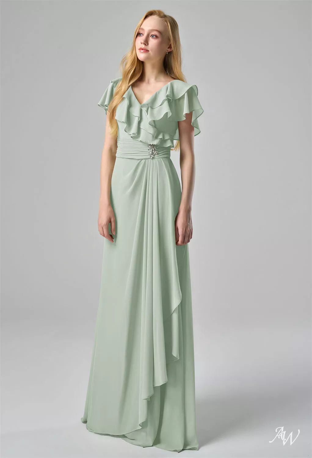 princess polly baby blue dress TH&TH Athena Cowl Back Bridesmaid Dress In Sage Green Chiffon – TH and TH main image 1