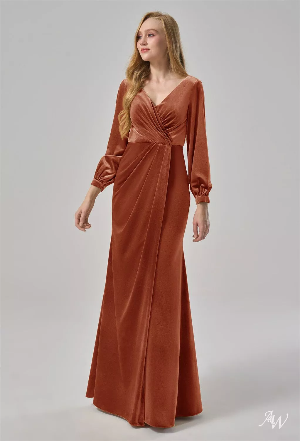 AW.Bridal Mermaid V-Neck Floor Length Long Sleeves Velvet Pleat Ruching Long Bridesmaid Dresses Burnt Orange Size 6