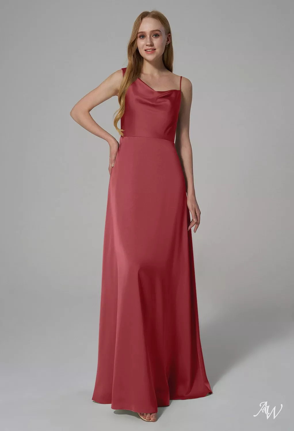 AW Annabella Dress, Blue Ashes Satin Charmeuse Floor Length One Shoulder  Bridesmaid Dresses | AW.Bridal