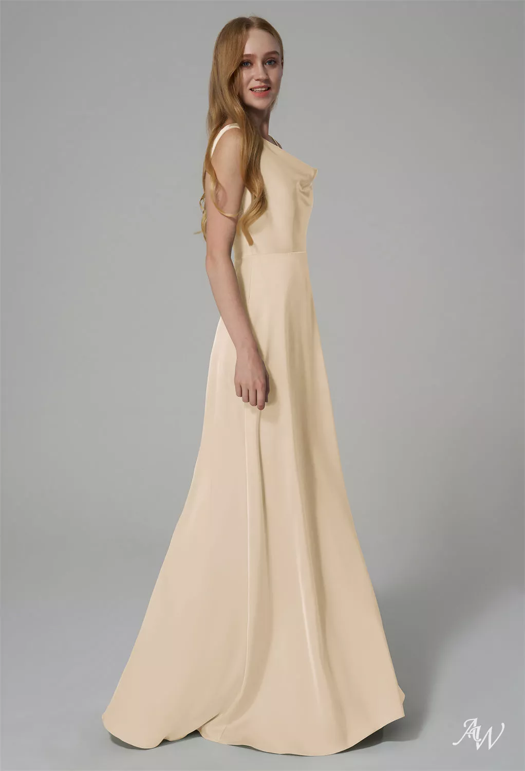 AW.Bridal A-Line One Shoulder Floor Length Sleeveless Spaghetti Straps Satin Wedding Guest Dresses Champagne Size 8